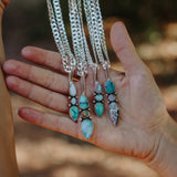 The Chrysalis Necklace in Larimar, Hubei Turquoise, & Boulder Opal Doublet