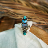 Cairn Ring in Boulder Opal Doublet, Dendritic Agate, Golden Hills & Hubei Turquoise (Size 7)