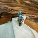 Cairn Ring in Boulder Opal Doublet, Dendritic Agate, Golden Hills & Hubei Turquoise (Size 7)