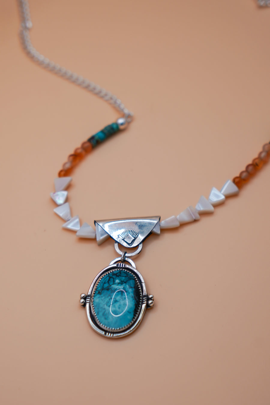 Statement Necklace in Hubei Turquoise with Hubei, Mother of Pearl, and Carnelian Bead Chain