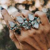 Ocean Jasper, Rainbow Moonstone, & Lone Mtn Turquoise Ring (Size 6)