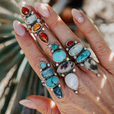 Cairn Ring in Rainbow Moonstone, Scenic Agate & Hubei + Sonoran Mtn Turquoise (Size 9.25)