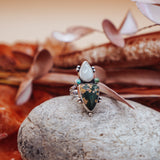 Ocean Jasper, Rainbow Moonstone, & Lone Mtn Turquoise Ring (Size 6.75)