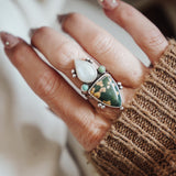 Ocean Jasper, Rainbow Moonstone, & Lone Mtn Turquoise Ring (Size 6.75)