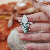 Ocean Jasper, Rainbow Moonstone, & Lone Mtn Turquoise Ring (Size 8.5)