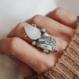 Ocean Jasper, Rainbow Moonstone, & Lone Mtn Turquoise Ring (Size 8.5)