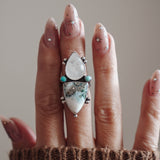 Ocean Jasper, Rainbow Moonstone, & Lone Mtn Turquoise Ring (Size 6)