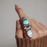 Cairn Ring in Rainbow Moonstone, Scenic Agate & Hubei + Sonoran Mtn Turquoise (Size 9.25)