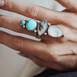 Cairn Ring in Rainbow Moonstone, Scenic Agate & Hubei + Sonoran Mtn Turquoise (Size 9.25)