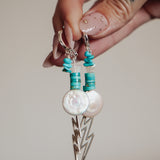 Charmed Earrings in Blue Ridge Turquoise, Mother of Pearl Beads & Sterling Silver Bolt