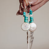 Charmed Earrings in Blue Ridge Turquoise, Mother of Pearl Beads & Sterling Silver Bolt