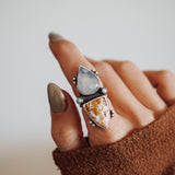 Ocean Jasper, Rainbow Moonstone, & Lone Mtn Turquoise Ring (Size 6.5)