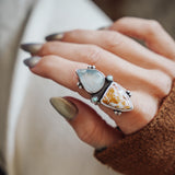 Ocean Jasper, Rainbow Moonstone, & Lone Mtn Turquoise Ring (Size 6.5)