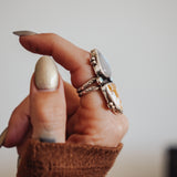 Ocean Jasper, Rainbow Moonstone, & Lone Mtn Turquoise Ring (Size 6.5)