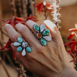 Sun Flair Ring in Emerald Valley Turquoise, Amber, & Rainbow Moonstone (Size 6)