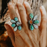 Sun Flair Ring in Emerald Valley Turquoise, Amber, & Rainbow Moonstone (Size 6)