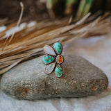 Sun Flair Ring in Emerald Valley Turquoise, Amber, & Rainbow Moonstone (Size 6)