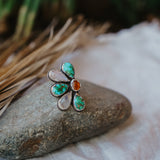 Sun Flair Ring in Emerald Valley Turquoise, Amber, & Rainbow Moonstone (Size 6)