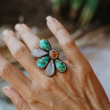 Sun Flair Ring in Emerald Valley Turquoise, Amber, & Rainbow Moonstone (Size 6)