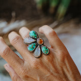 Sun Flair Ring in Emerald Valley Turquoise, Amber, & Rainbow Moonstone (Size 6)