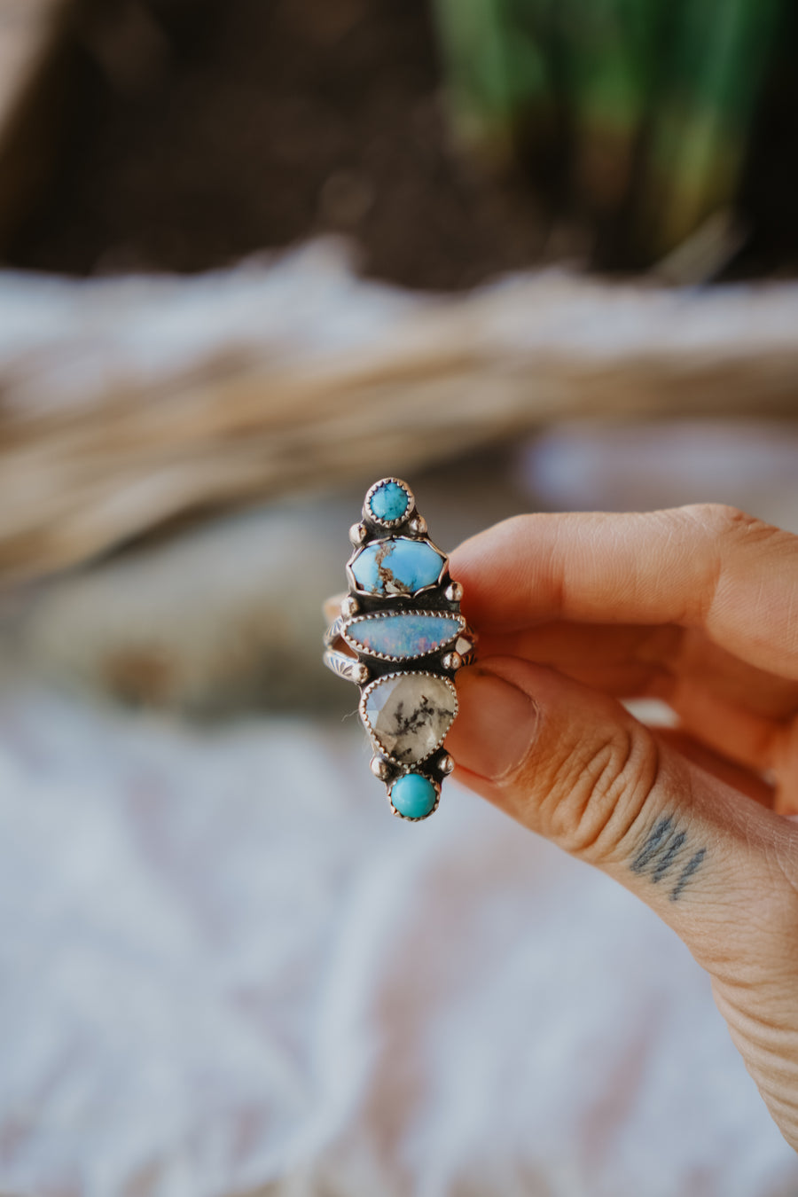 Cairn Ring in Golden Hills, Hubei Turquoise, Faceted Agate, & Boulder Opal Doublet (Size 9)