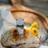 Ocean Jasper, Rainbow Moonstone, & Lone Mtn Turquoise Ring (Size 8.75)