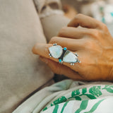 Ocean Jasper, Rainbow Moonstone, & Lone Mtn Turquoise Ring (Size 8.75)