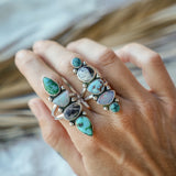 Cairn Ring in Golden Hills, Hubei Turquoise, Boulder Opal Doublet, & Dendritic Agate (Size 8)