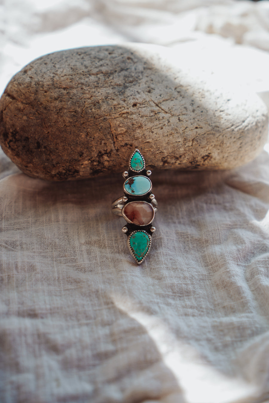Cairn Ring in Healer Quartz, Kingman & Golden Hills Turquoise (Size 8)