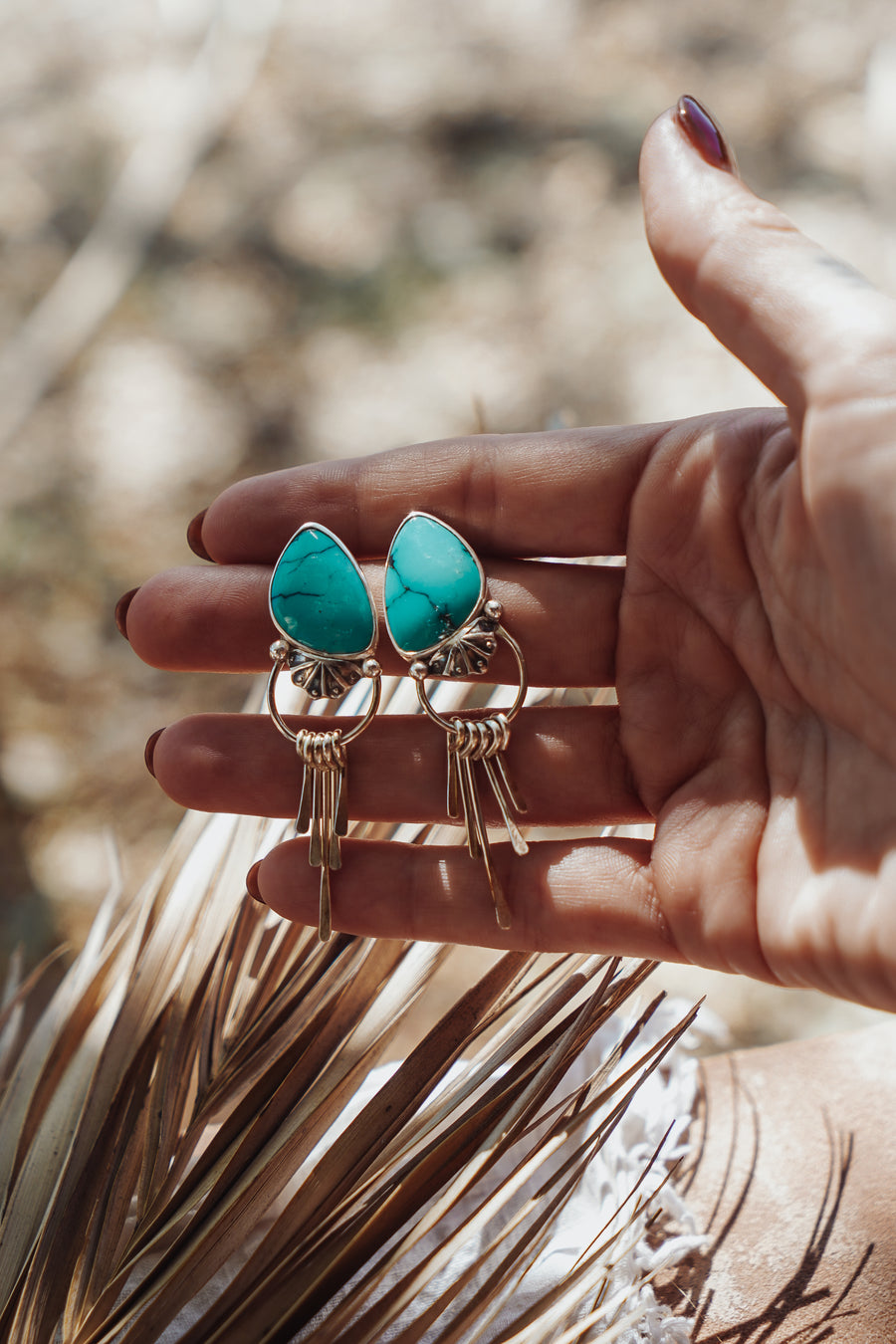 Stud Earrings in Hubei Turquoise with Sterling Silver Fringe